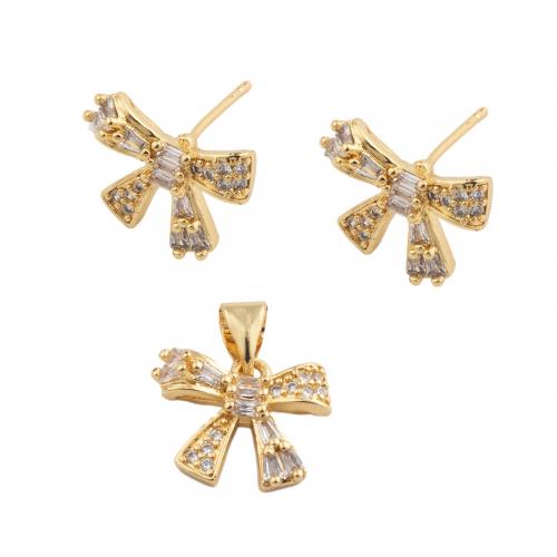 Brass Cubic Zirconia Jewelry Sets, Bowknot, fashion jewelry & micro pave cubic zirconia & for woman, golden, pendant 11.5*13.5mm,  stud earring 10.5*14mm 