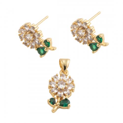 Brass Cubic Zirconia Jewelry Sets, Flower, fashion jewelry & micro pave cubic zirconia & for woman, golden, pendant 17.5*9.5mm,  stud earring 14.5*9.5mm 