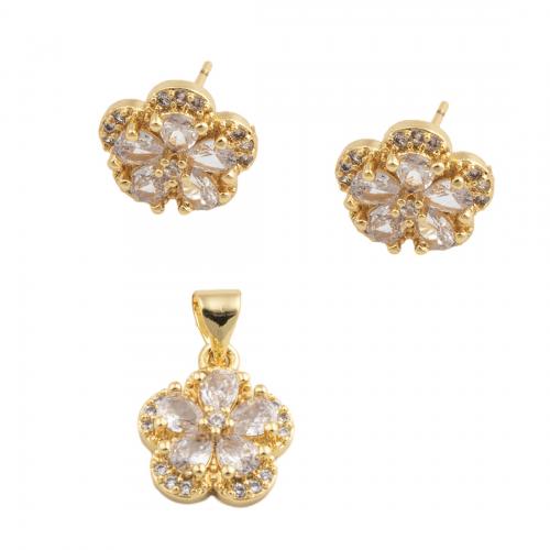 Brass Cubic Zirconia Jewelry Sets, Flower, fashion jewelry & micro pave cubic zirconia & for woman, golden, pendant 14*12mm,  stud earring 11.5*12mm 