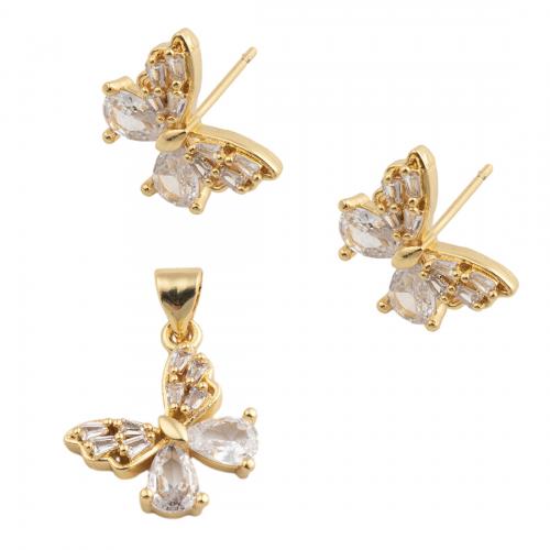 Brass Cubic Zirconia Jewelry Sets, Bowknot, fashion jewelry & micro pave cubic zirconia & for woman, golden, pendant 17.5*15mm,  stud earring 11.5*13mm 