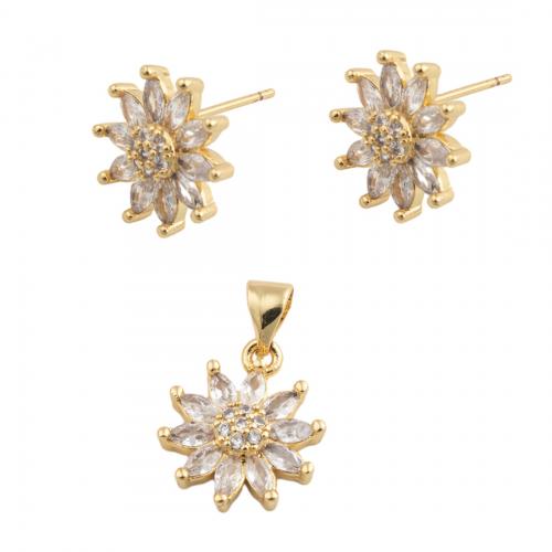 Brass Cubic Zirconia Jewelry Sets, fashion jewelry & micro pave cubic zirconia & for woman, golden, pendant 15*12.5mm,  stud earring 13*13mm 