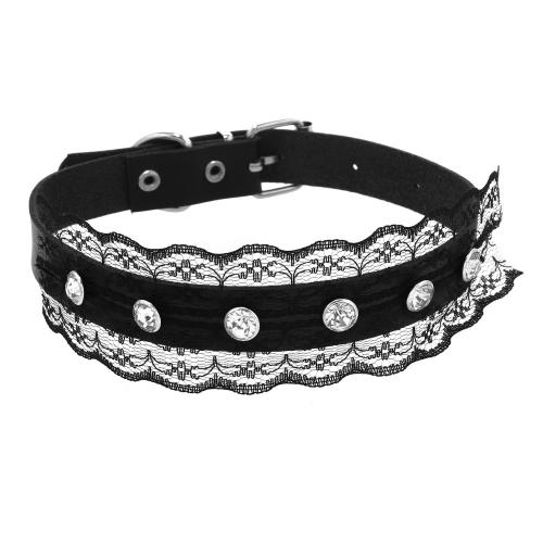 Fashion Choker Necklace, Zinc Alloy, with Lace & PU Leather, handmade, Unisex & micro pave cubic zirconia, black 