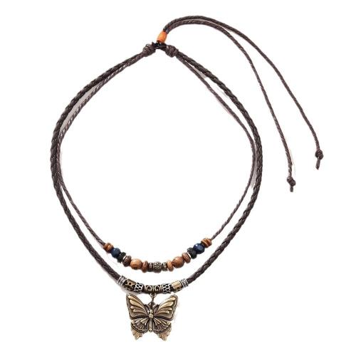 PU Leather Cord Necklace, Zinc Alloy, with PU Leather & Wood, Butterfly, handmade, for woman 