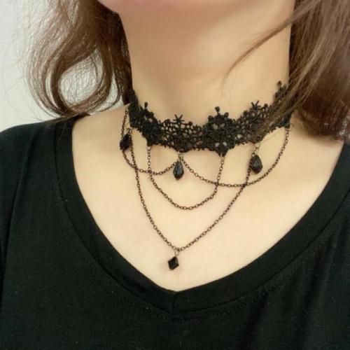 Fashion Choker Necklace, Lace, with Crystal & Zinc Alloy, handmade, fashion jewelry & for woman Approx 51-80 cm 