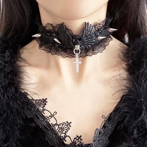 Fashion Choker Necklace, Lace, with PU Leather & Zinc Alloy, fashion jewelry & for woman & with rhinestone Approx 41-50 cm 