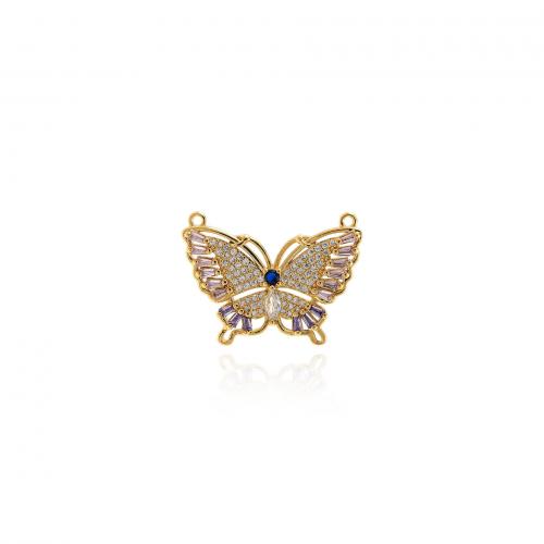 Cubic Zirconia Micro Pave Brass Pendant, Butterfly, 18K gold plated, fashion jewelry & DIY & micro pave cubic zirconia & double-hole, mixed colors 