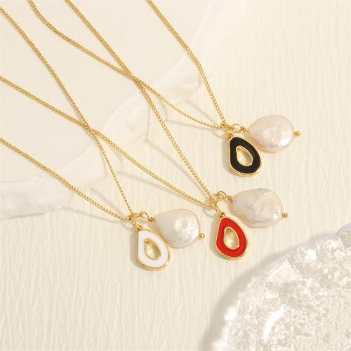 Freshwater Pearl Brass Necklace, with Freshwater Pearl, with 5CM extender chain, gold color plated, fashion jewelry & for woman & enamel cm 