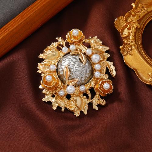 Kunststoff-Perlen-Brosche, Zinklegierung, mit ABS-Kunststoff-Perlen, Blume, plattiert, Modeschmuck, Goldfarbe, 60x68mm, verkauft von PC