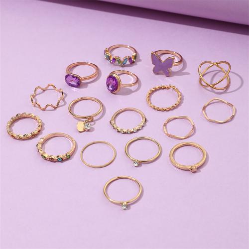 Zinc Alloy Ring Set, with Iron, 17 pieces & for woman & enamel & with rhinestone, golden 