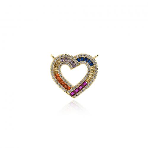 Cubic Zirconia Micro Pave Brass Pendant, Heart, 18K gold plated, fashion jewelry & DIY & micro pave cubic zirconia & double-hole & hollow, mixed colors 
