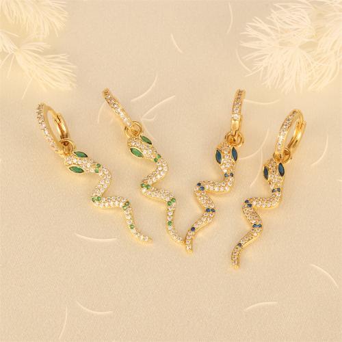 Cubic Zirconia Micro Pave Brass Earring, Snake, gold color plated, micro pave cubic zirconia & for woman 
