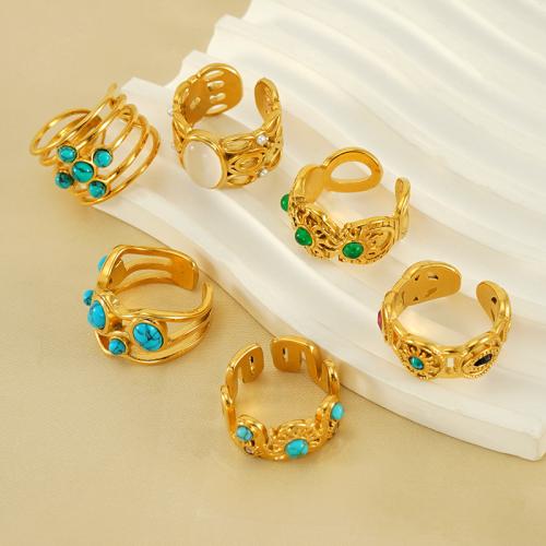 Stainless Steel Finger Ring, 304 Stainless Steel, with turquoise, 18K gold plated, fashion jewelry & for woman 