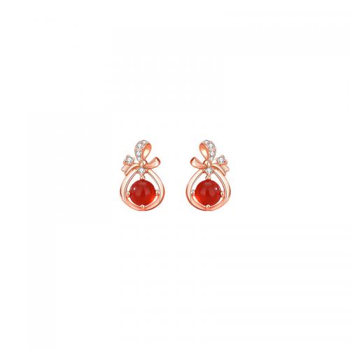 Cubic Zirconia Micro Pave Sterling Silver Earring, 925 Sterling Silver, with Red Agate, plated, micro pave cubic zirconia & for woman, rose gold color 