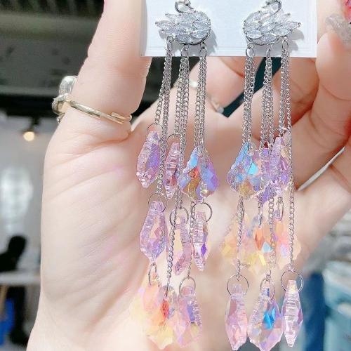 Brass Tassel Earring, with Crystal, Swan, platinum color plated, fashion jewelry & for woman, 135mm 