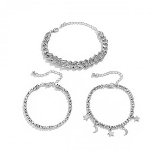 alliage de zinc Set de bracelet, avec chaîne de fer, avec 1.9inch chaînes de rallonge, Placage de couleur platine, trois pièces & pour femme & avec strass Environ 6.2 pouce, Vendu par fixé