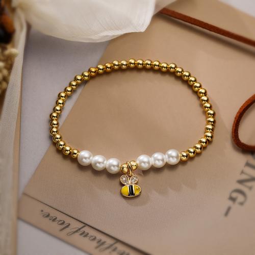 Cubic Zirconia Micro Pave Brass Bracelet, with Plastic Pearl, gold color plated & micro pave cubic zirconia & for woman & enamel cm 