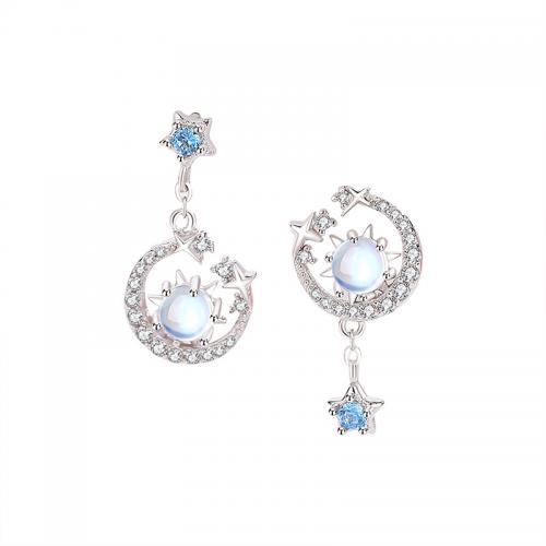 Cubic Zirconia Micro Pave Sterling Silver Earring, 925 Sterling Silver, with Moonstone, plated, micro pave cubic zirconia & for woman, platinum color 