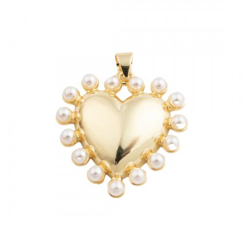 Brass Heart Pendants, with Plastic Pearl, fashion jewelry & Unisex, golden 