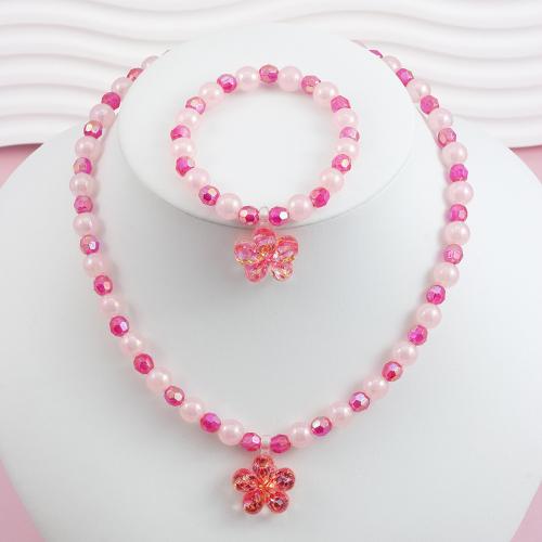 Plastic Children Jewelry Set, bracelet & necklace, Flower, handmade, for children, pink 