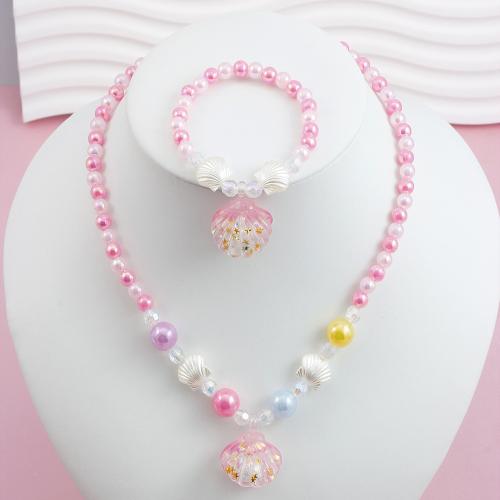 Пластиковый детский комплект ювелирных изделий, пластик, браслет & ожерелье, Раковина, Связанный вручную, для детей, розовый, продается PC
