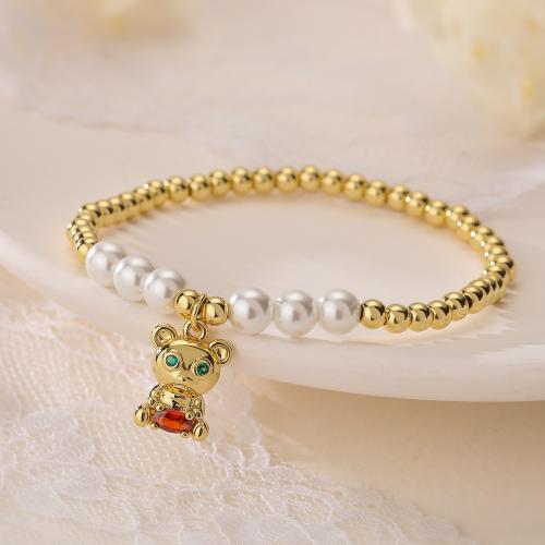 Cubic Zirconia Micro Pave Brass Bracelet, with Plastic Pearl, Bear, gold color plated, micro pave cubic zirconia & for woman cm 