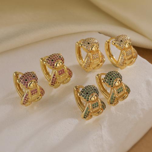 Cubic Zirconia Micro Pave Brass Earring, Bear, gold color plated, micro pave cubic zirconia & for woman 