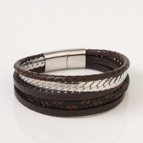 PU Leather Cord Bracelets, 304 Stainless Steel, with Microfiber PU, plated, Unisex Approx 21 cm 