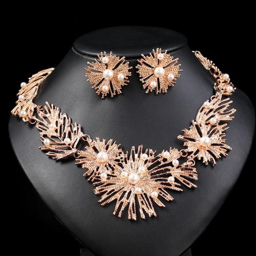 Fashion Zinc Alloy Jewelry Sets, earring & necklace, with ABS Plastic Pearl, Snowflake, plated, 2 pieces & fashion jewelry, golden 
