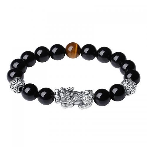 Bracelet de couple, laiton, avec Obsidienne & pierre du soleil & oeil de tigre, Placage, unisexe & styles différents pour le choix, noire, Vendu par PC