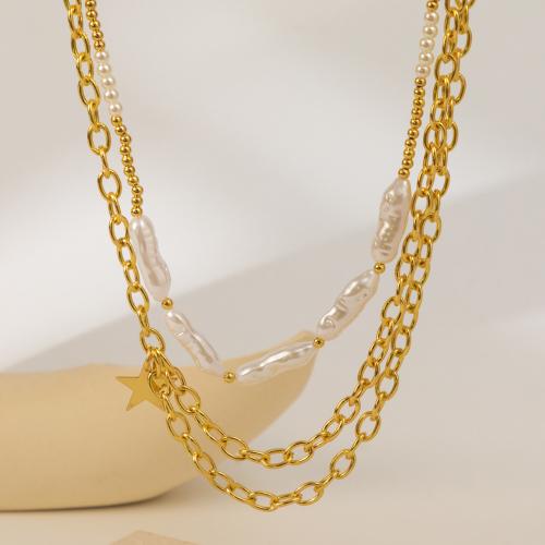 Plastic Pearl Necklace, Zinc Alloy, with Plastic Pearl, plated, three layers & fashion jewelry & for woman, gold 
