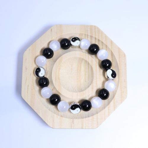 Cats Eye Bracelets, with Obsidian & Elastic Thread & Zinc Alloy, plated, Unisex & enamel, mixed colors Approx 18 cm [