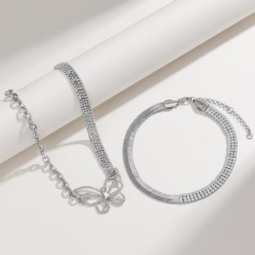 Fashion Iron Necklace, plated & for woman & with rhinestone, silver color [