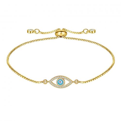Evil Eye Jewelry Bracelet, 304 Stainless Steel, 18K gold plated, Adjustable & micro pave cubic zirconia & for woman & enamel, golden Approx 30 cm 