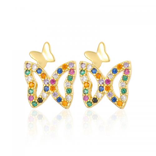 Cubic Zirconia Micro Pave Brass Earring, Butterfly, gold color plated, fashion jewelry & micro pave cubic zirconia & for woman 
