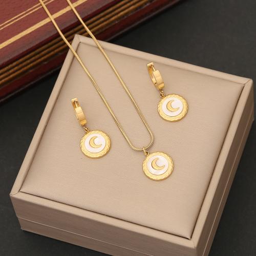 304 Stainless Steel Jewelry Set, earring & necklace, with 2inch extender chain, Flat Round, gold color plated, 2 pieces & snake chain & for woman & enamel Approx 15.7 Inch 