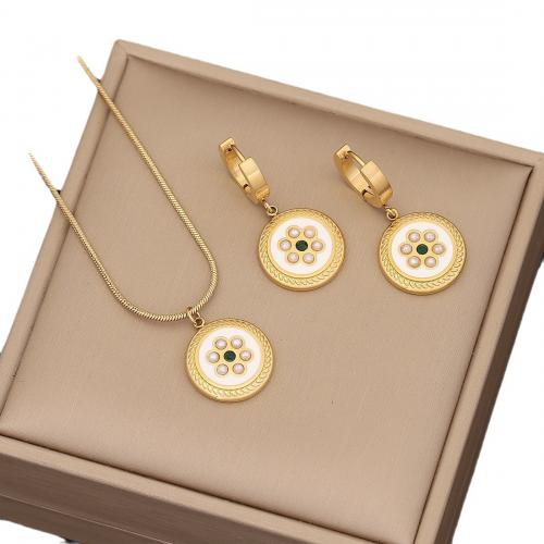 304 Stainless Steel Jewelry Set, earring & necklace, with Plastic Pearl, Flat Round, gold color plated, 2 pieces & snake chain & for woman & enamel 