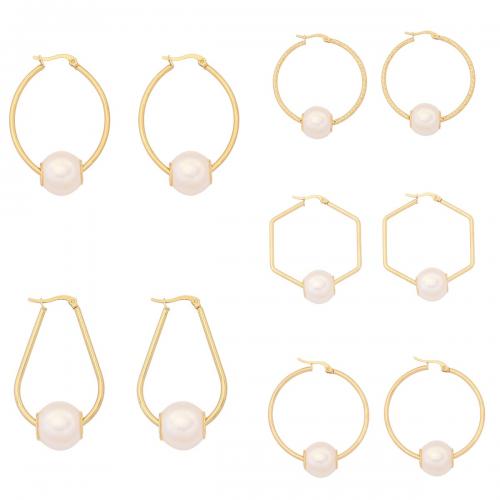 304 Stainless Steel Lever Back Earring, with Plastic Pearl, gold color plated & for woman & hollow 