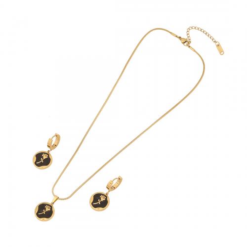 304 Stainless Steel Jewelry Set, earring & necklace, Flat Round, gold color plated, 2 pieces & snake chain & with flower pattern & for woman & enamel 