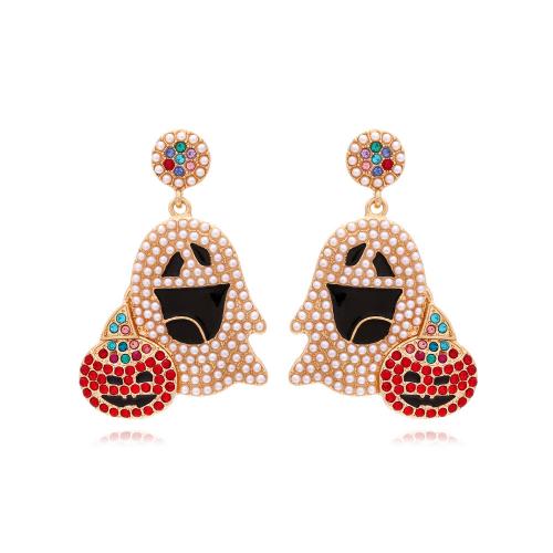Zinc Alloy Drop Earring, with Plastic Pearl, Ghost, gold color plated, fashion jewelry & Halloween Jewelry Gift & for woman & enamel & with rhinestone 