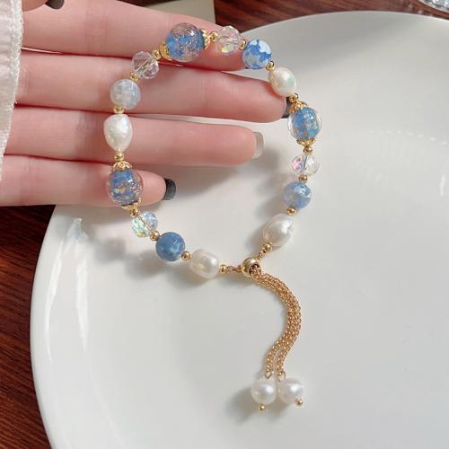 Crystal Bracelets, with ABS Plastic Pearl & Lampwork & Brass, fashion jewelry cm 