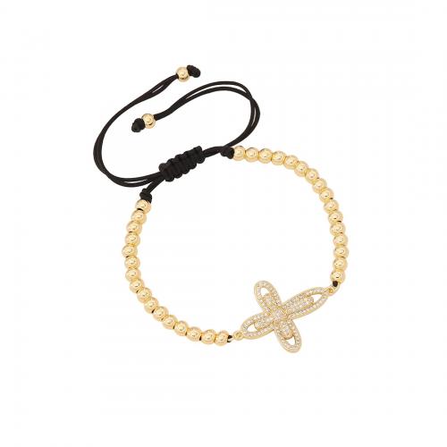 Brass Bracelet, with Polyester Cord, Cross, gold color plated & micro pave cubic zirconia & for woman Approx 9.4 Inch 