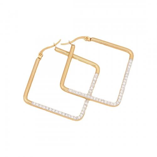 304 Stainless Steel Lever Back Earring, Geometrical Pattern, gold color plated & for woman & with rhinestone & hollow, 40mm 