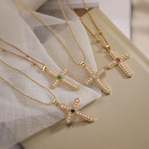 Cubic Zircon Micro Pave Brass Necklace, with Plastic Pearl, with 5CM extender chain, Cross, gold color plated & micro pave cubic zirconia cm 