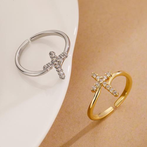 Zircon pavent l'anneau en laiton de doigt, croix, Placage de couleur d'or, pavé de micro zircon & pour femme, plus de couleurs à choisir, Vendu par PC
