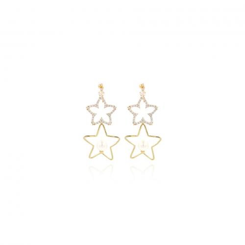 Cubic Zirconia Micro Pave Brass Earring, with Plastic Pearl, Star, 18K gold plated, fashion jewelry & micro pave cubic zirconia & for woman & hollow 