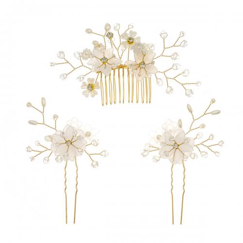 Decorative Hair Combs, Brass, hair comb & hair stick, with Plastic Pearl, Flower, gold color plated, three pieces & for woman & with rhinestone 