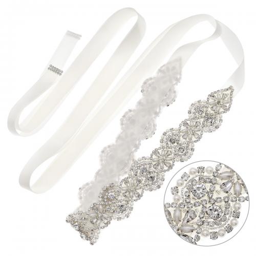 Decorative Chain Belt, Silk, with Plastic Pearl, for woman & with rhinestone, white, 42mm Approx 47.5 cm 