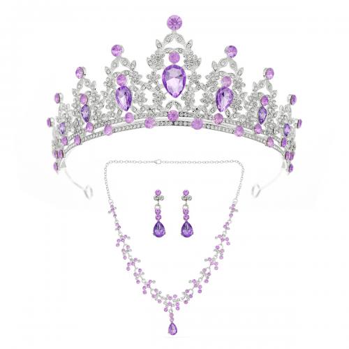 Bridal Tiaras, Zinc Alloy, Stud Earring & crown & necklace, silver color plated, three pieces & for woman & with rhinestone, purple 