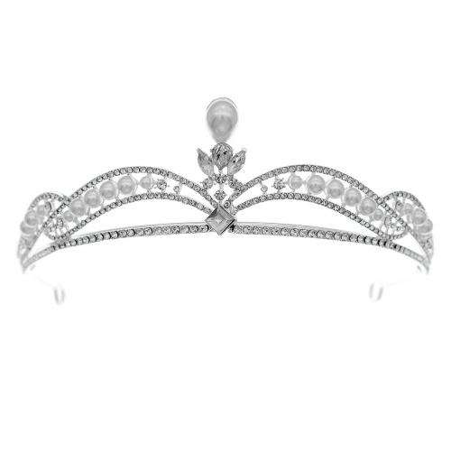 Bridal Tiaras, Zinc Alloy, with Plastic Pearl, silver color plated, for woman & with rhinestone 
