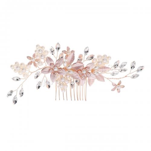 Decorative Hair Combs, Zinc Alloy, with Plastic Pearl, Flower, plated, for woman & with rhinestone 